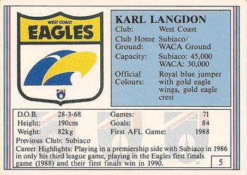 1992 AFL Regina #5 Karl Langdon Back